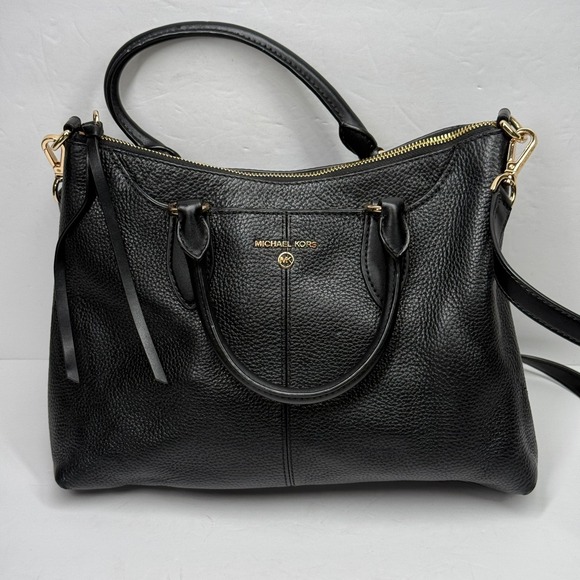 Michael Kors Austen Satchel Black Pebbled Leather Gold Hardware Zip Closure